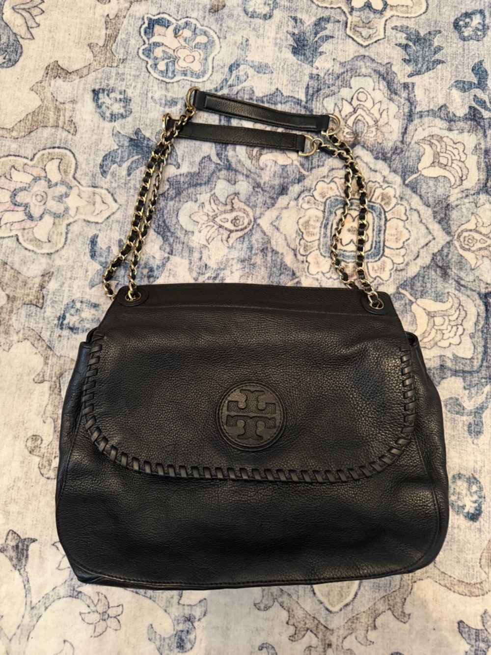Tory Burch Marion Black Leather Chain-Accent Shoulder Bag